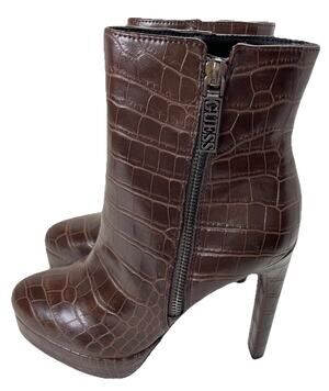 GUESS Dejah Platform Dress Boot 5.5M Dark Brown Embossed Faux-Leather NIB